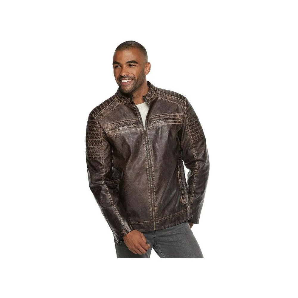 XRAY Slim-Fit Faux-Leather Brown Moto Jacket- XL